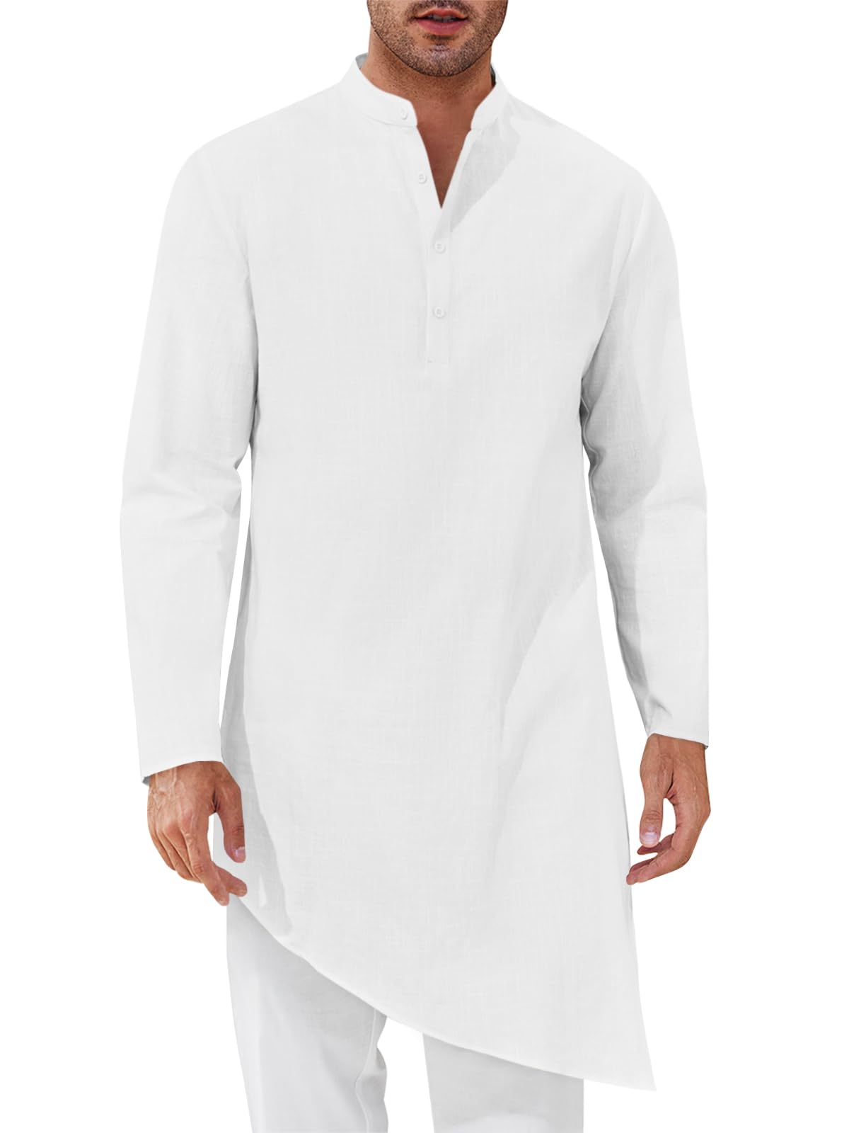 Runcati Mens Kaftan Robe Thobe Cotton Long Sleeve Henley Shirt Casual Muslim Gown Kurta Tops