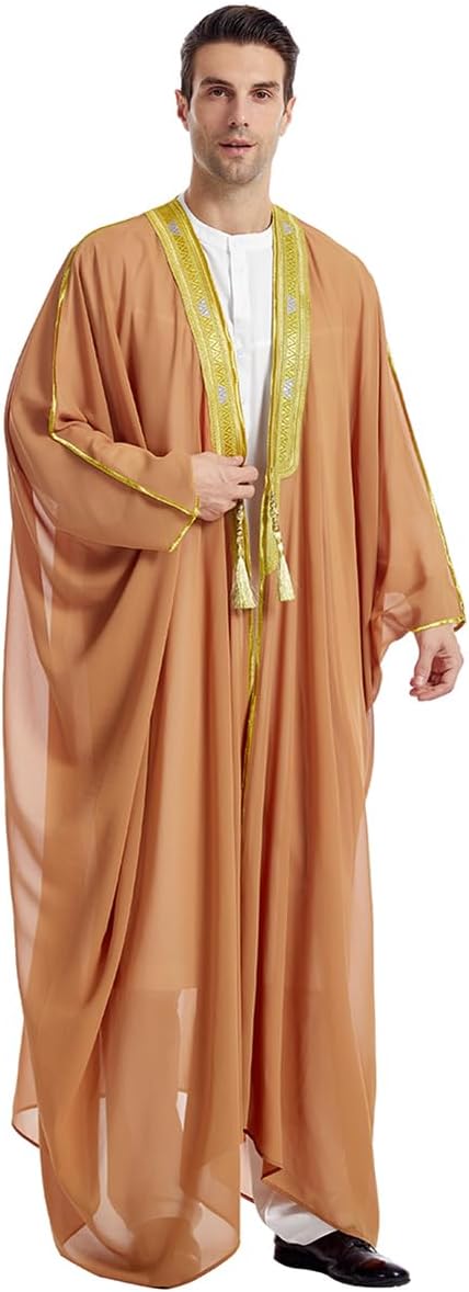 Muslim Thobe for Men Kaftan Robe Ramadan Abaya Prayer Dress Chiffon Open Front Embroidered Cardigan Islam Dubai Thobe Kimono