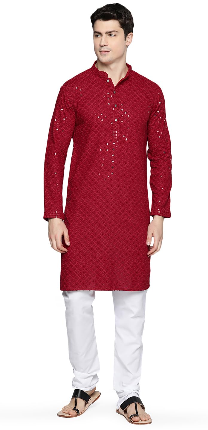 Maple Clothing Sequined Indian Cotton Men's Kurta Pajama Chikankari Embroidered Wedding Guest Outfit