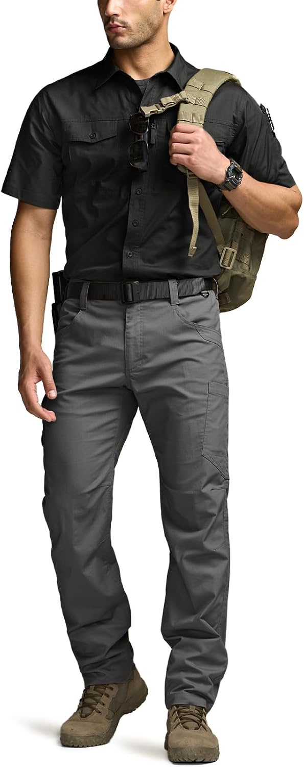 CQR Men's Short Sleeve Tactical Shirts, UPF 50+ Ripstop Military Work Shirts, Breathable Button Down Outdoor Hiking Shirt