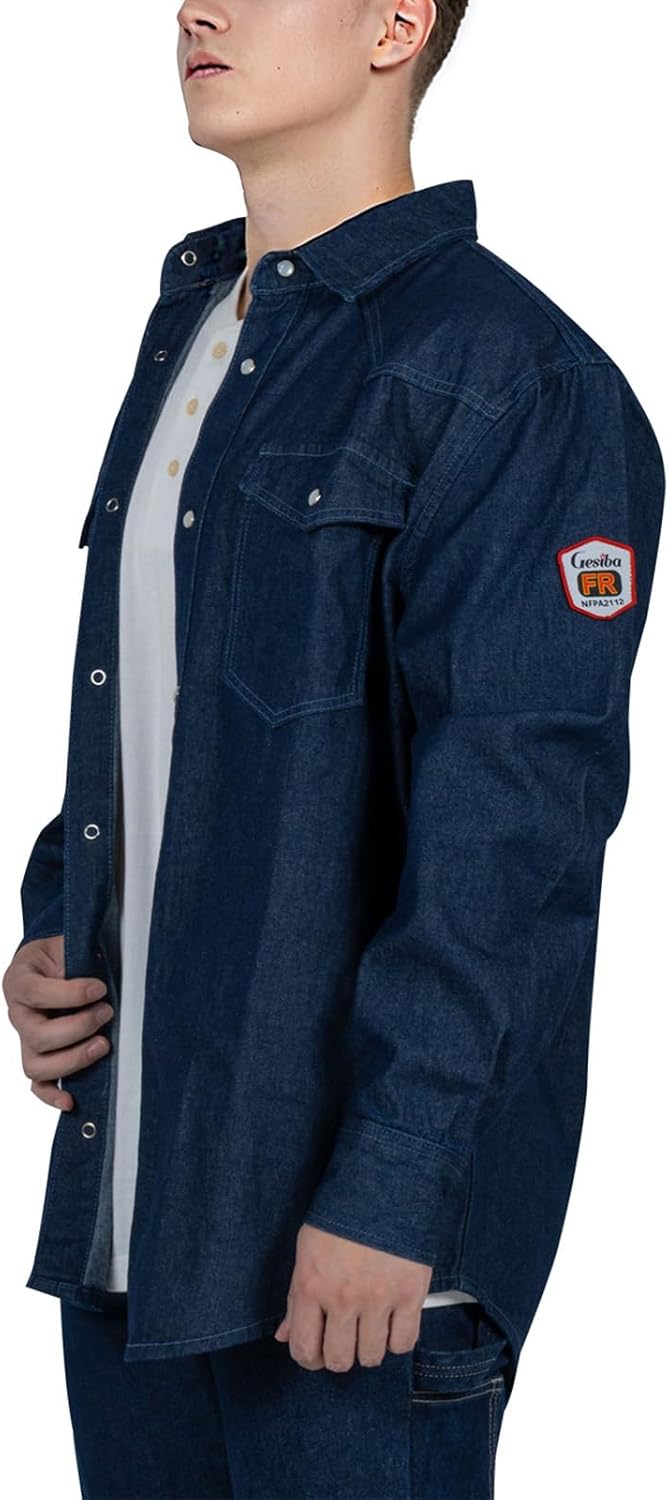 Men's FR Flame Resistant Denim Classic Work Shirt, 9 oz Heavyweight Cotton Fire Retardant Safety Welding Shirts