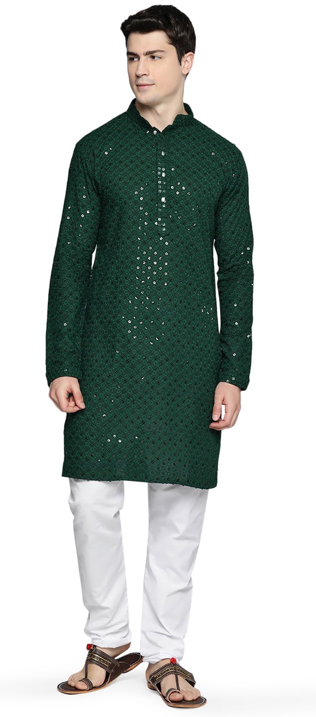Maple Clothing Sequined Indian Cotton Men's Kurta Pajama Chikankari Embroidered Wedding Guest Outfit