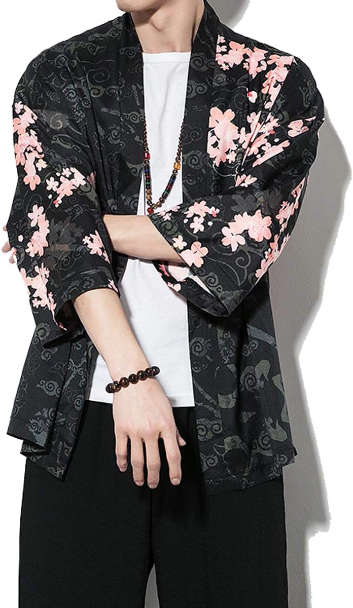 Men's Kimono Cardigan Jacket Japanese Kimono Shirt 3/4 Sleeve Printed Haori