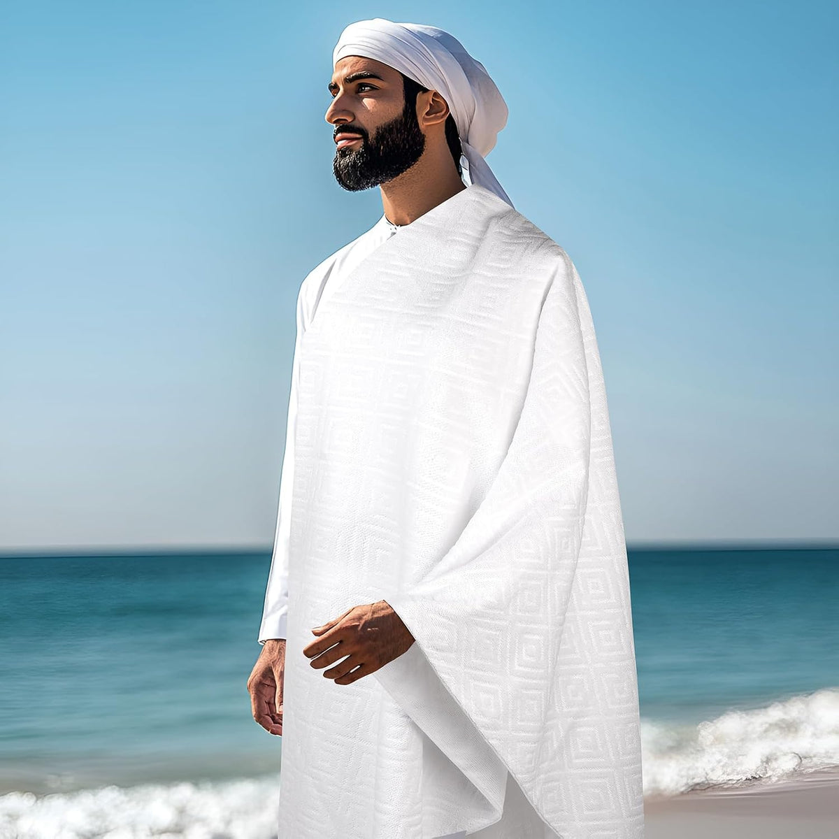 DIAOJIA® Muslim Men's Prayer Shawl,Pilgrimage Towel White Traditional Arabic Hajj Shawl, Polyester Terry Cloth Material, 110x210 cm, 2-Piece Set with Storage Bag (White)