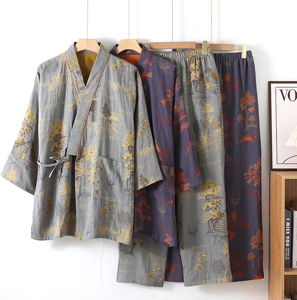 Men's Japanese Kimono Pajamas Crepe Nightwear