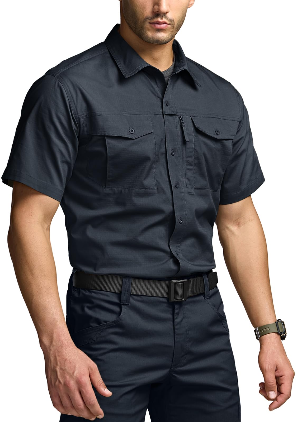 CQR Men's Short Sleeve Tactical Shirts, UPF 50+ Ripstop Military Work Shirts, Breathable Button Down Outdoor Hiking Shirt