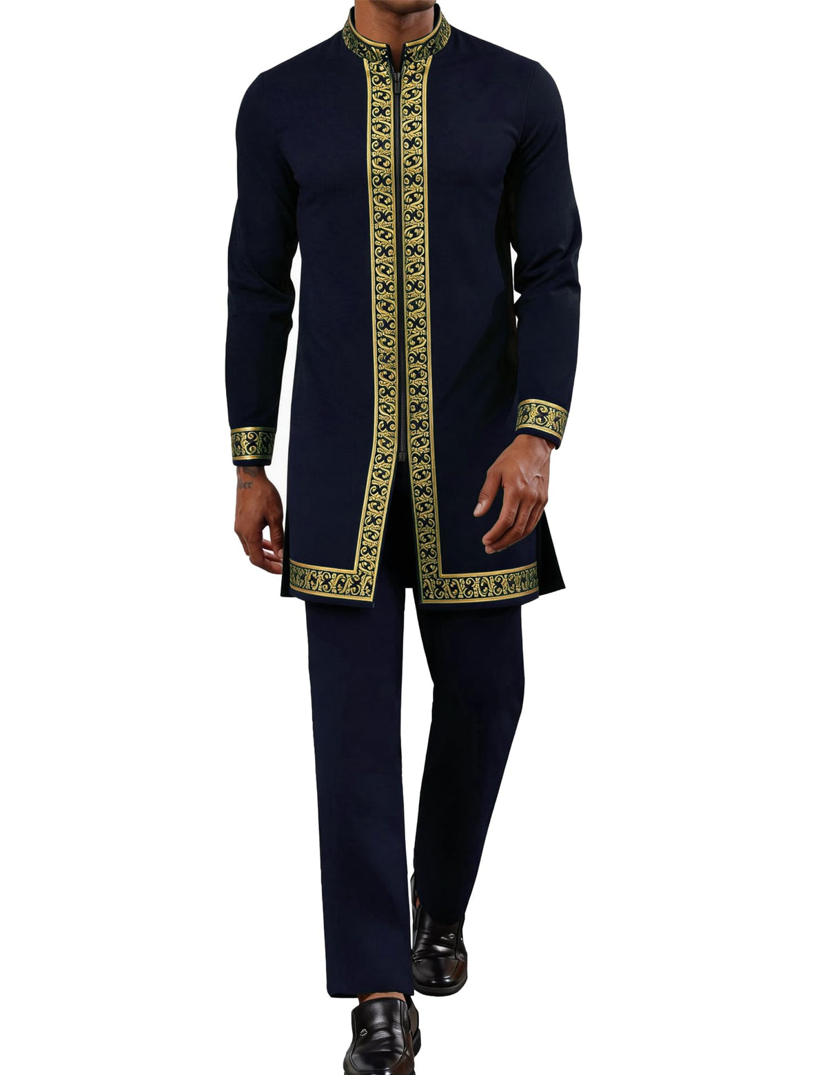 Mens African 2 Piece Set Nigerian Dashiki Shirt and Pants Outfit Gold Metallic Traditional Suit for Wedding Party Vacation