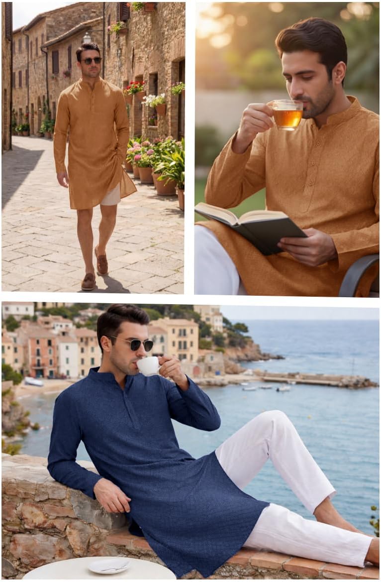 Runcati Mens Kurta Thobe Textured Henley Shirt
