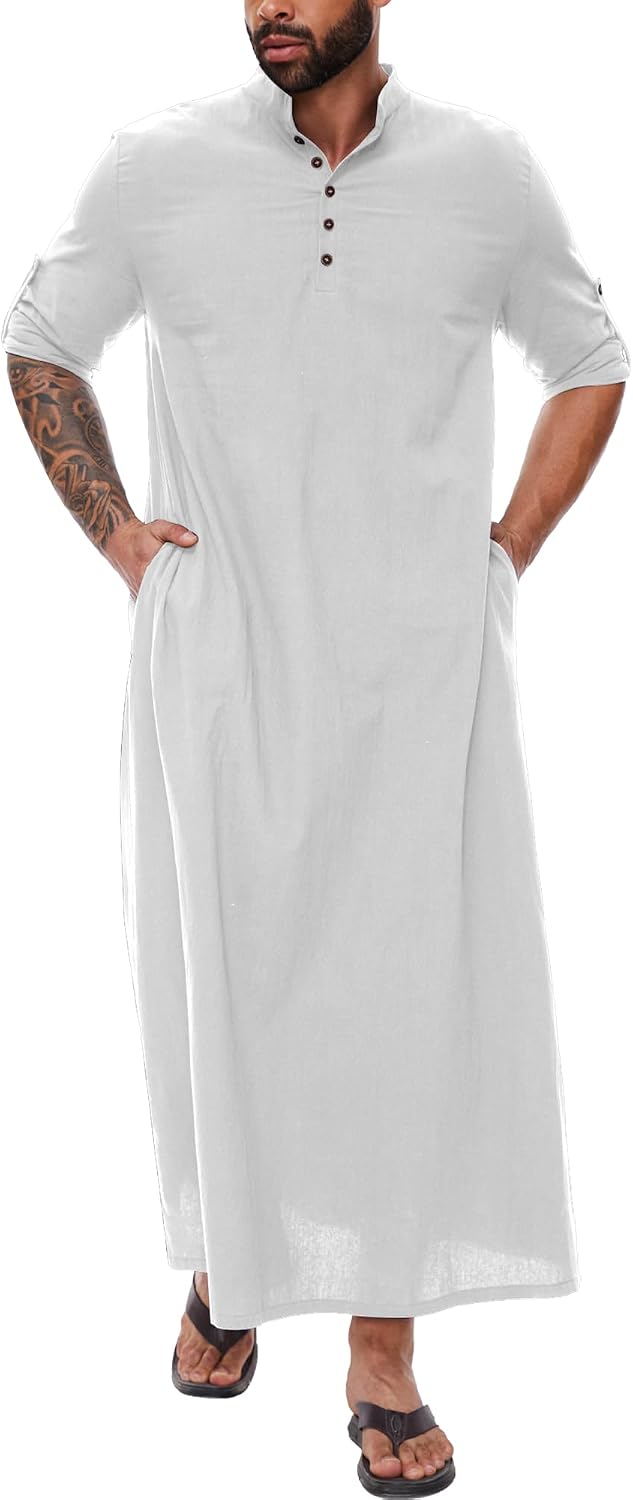 YAOHUOLE Kaftan for Men - Button Down Islamic Thobe Arabic Robes