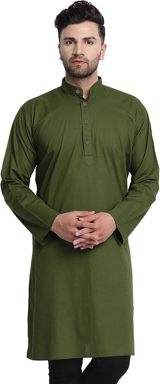In-Sattva Men's Indian Classic Banded Collar Pure Cotton Long Kurta Tunic