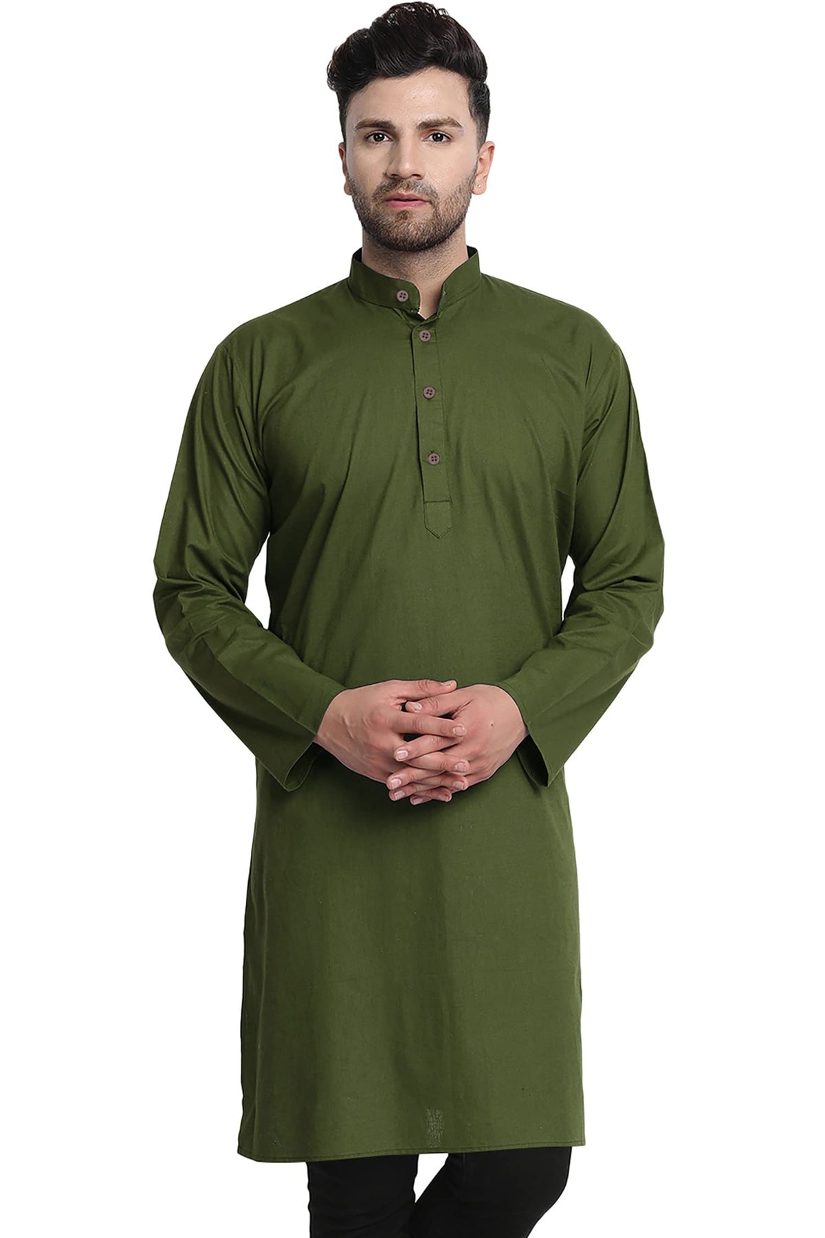 In-Sattva Men's Indian Classic Banded Collar Pure Cotton Long Kurta Tunic