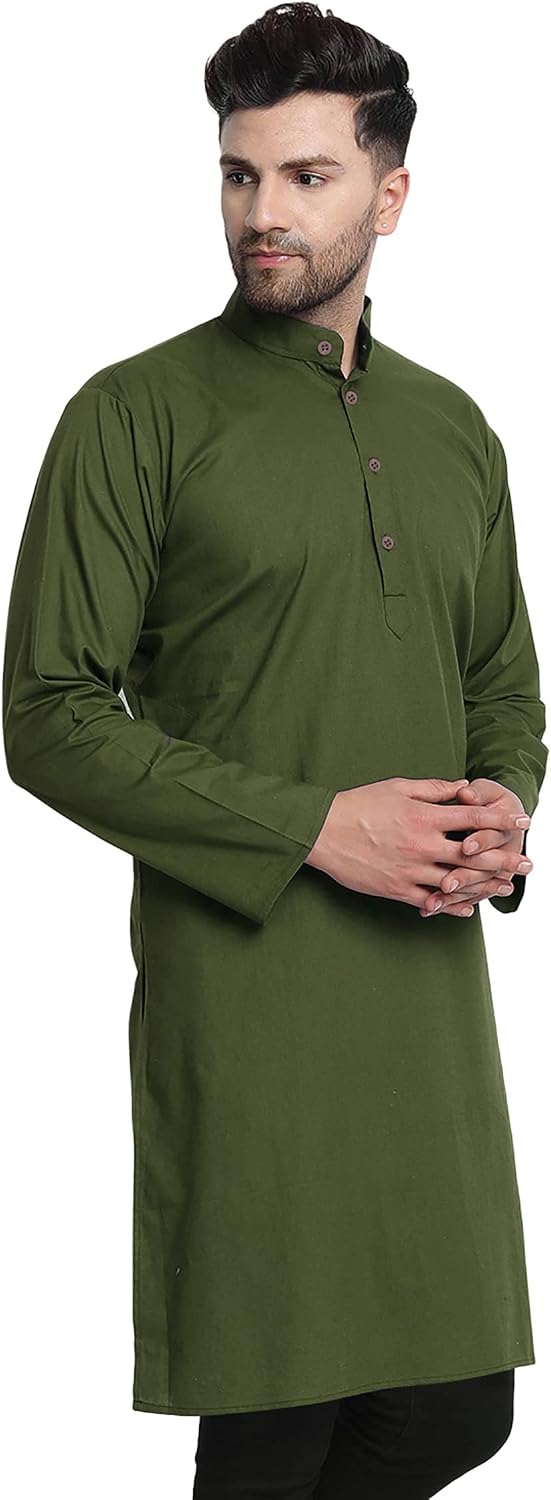 In-Sattva Men's Indian Classic Banded Collar Pure Cotton Long Kurta Tunic