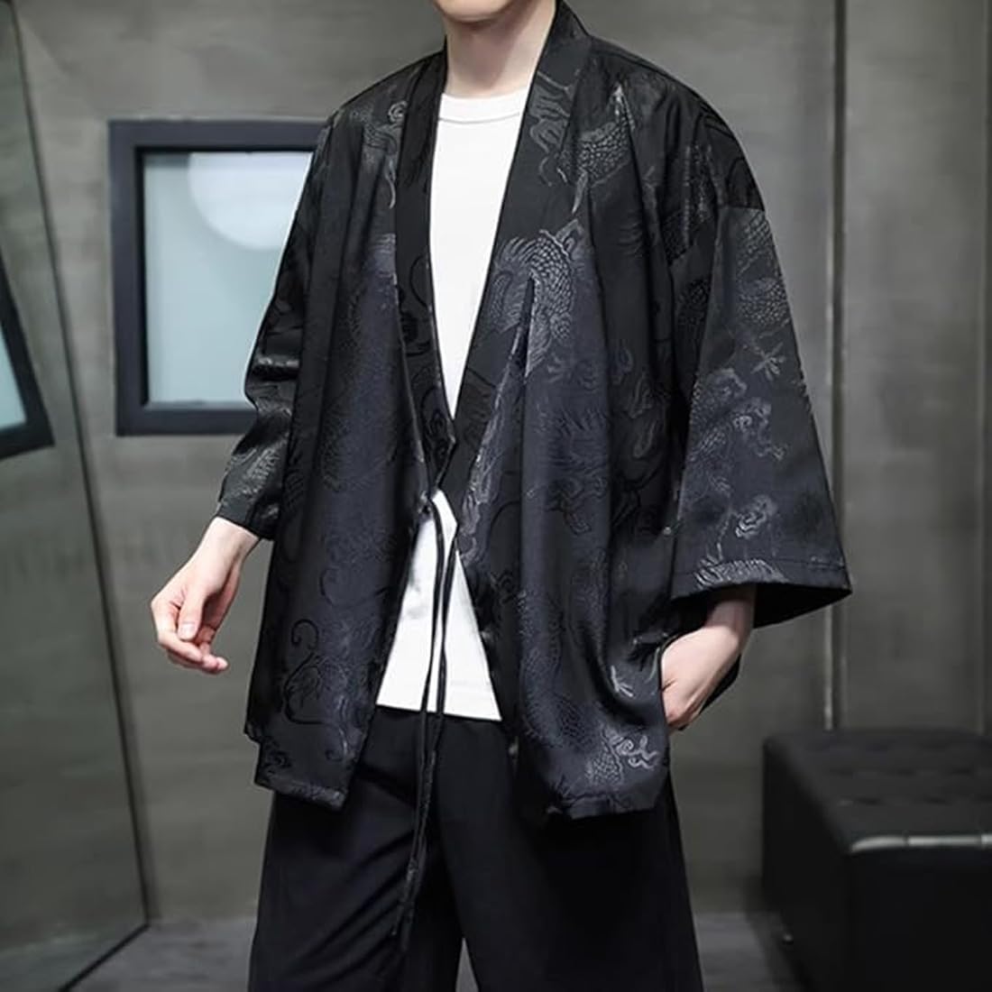 HZCX FASHION Cardigan Kimono for Men Black Silk Satin Robe Mens Lightweight Traditional Hanfu Silky Chinese Dragon Shirt