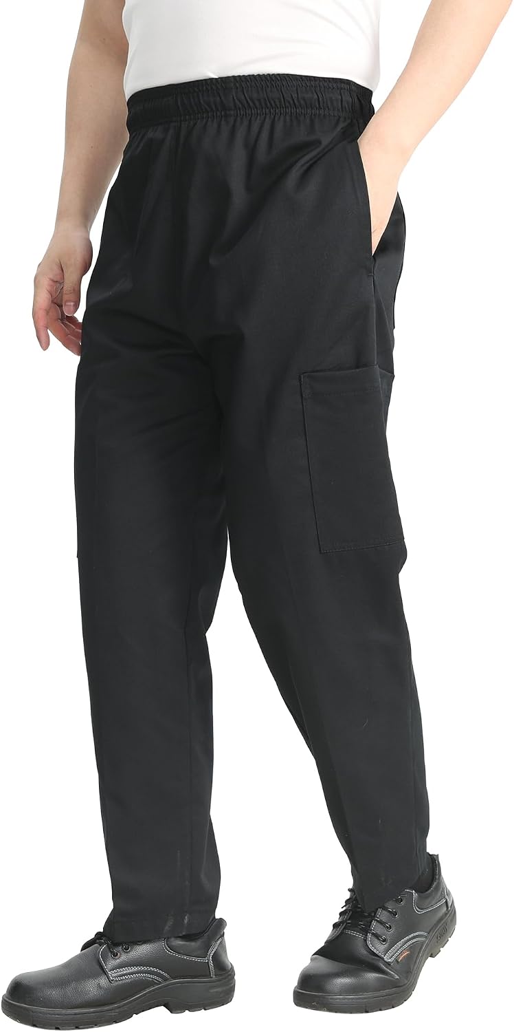KITCHIEF Men's Baggy Chef Pants Black Cargo Pants for Men Chef Server Work Pants for Kitchen & Restaurant - Drawstring Waist
