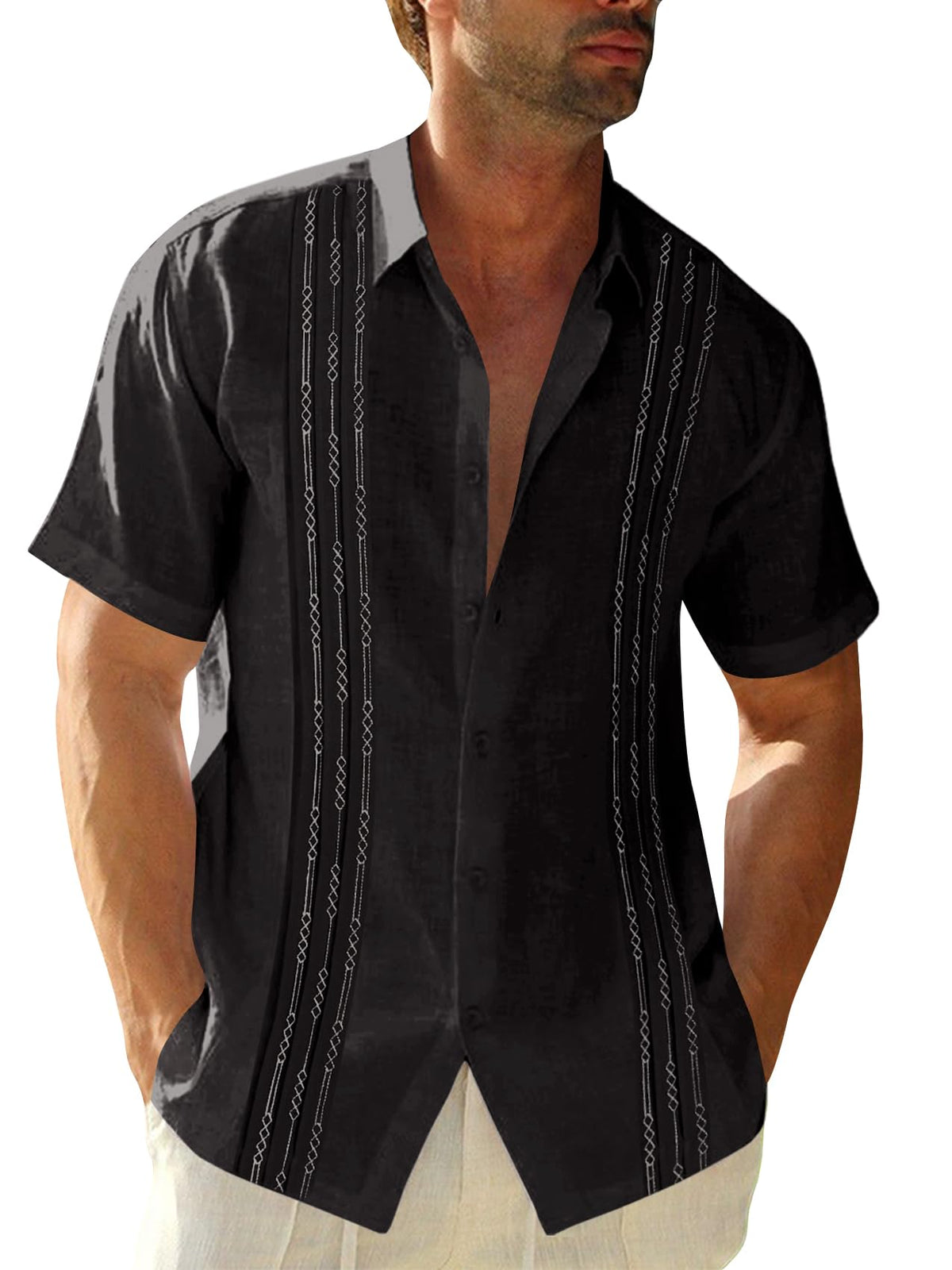 Runcati Mens Short Sleeve Guayabera Shirts Linen Button Down Cuban Shirt