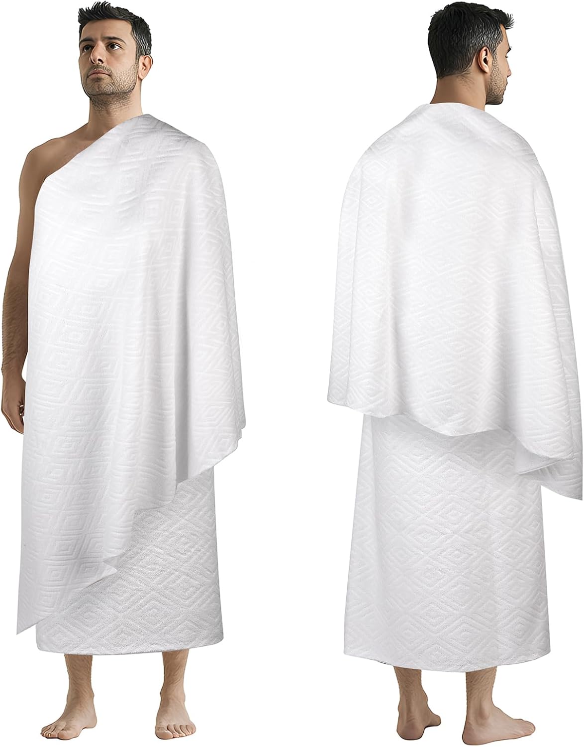 DIAOJIA® Muslim Men's Prayer Shawl,Pilgrimage Towel White Traditional Arabic Hajj Shawl, Polyester Terry Cloth Material, 110x210 cm, 2-Piece Set with Storage Bag (White)