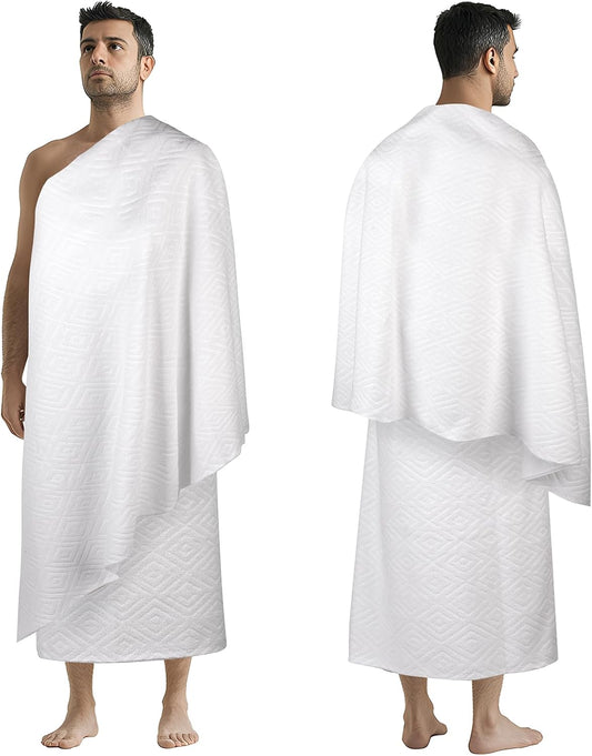DIAOJIA® Muslim Men's Prayer Shawl,Pilgrimage Towel White Traditional Arabic Hajj Shawl, Polyester Terry Cloth Material, 110x210 cm, 2-Piece Set with Storage Bag (White)