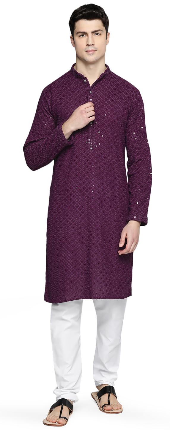 Maple Clothing Sequined Indian Cotton Men's Kurta Pajama Chikankari Embroidered Wedding Guest Outfit