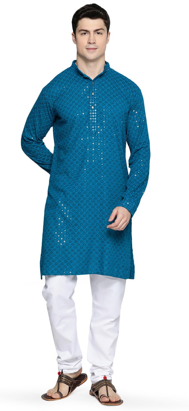 Maple Clothing Sequined Indian Cotton Men's Kurta Pajama Chikankari Embroidered Wedding Guest Outfit