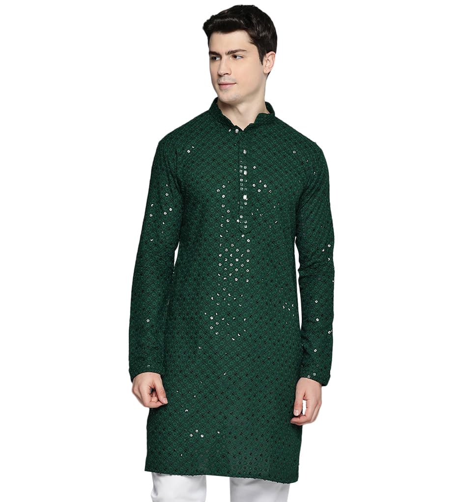 Maple Clothing Sequined Indian Cotton Men's Kurta Pajama Chikankari Embroidered Wedding Guest Outfit
