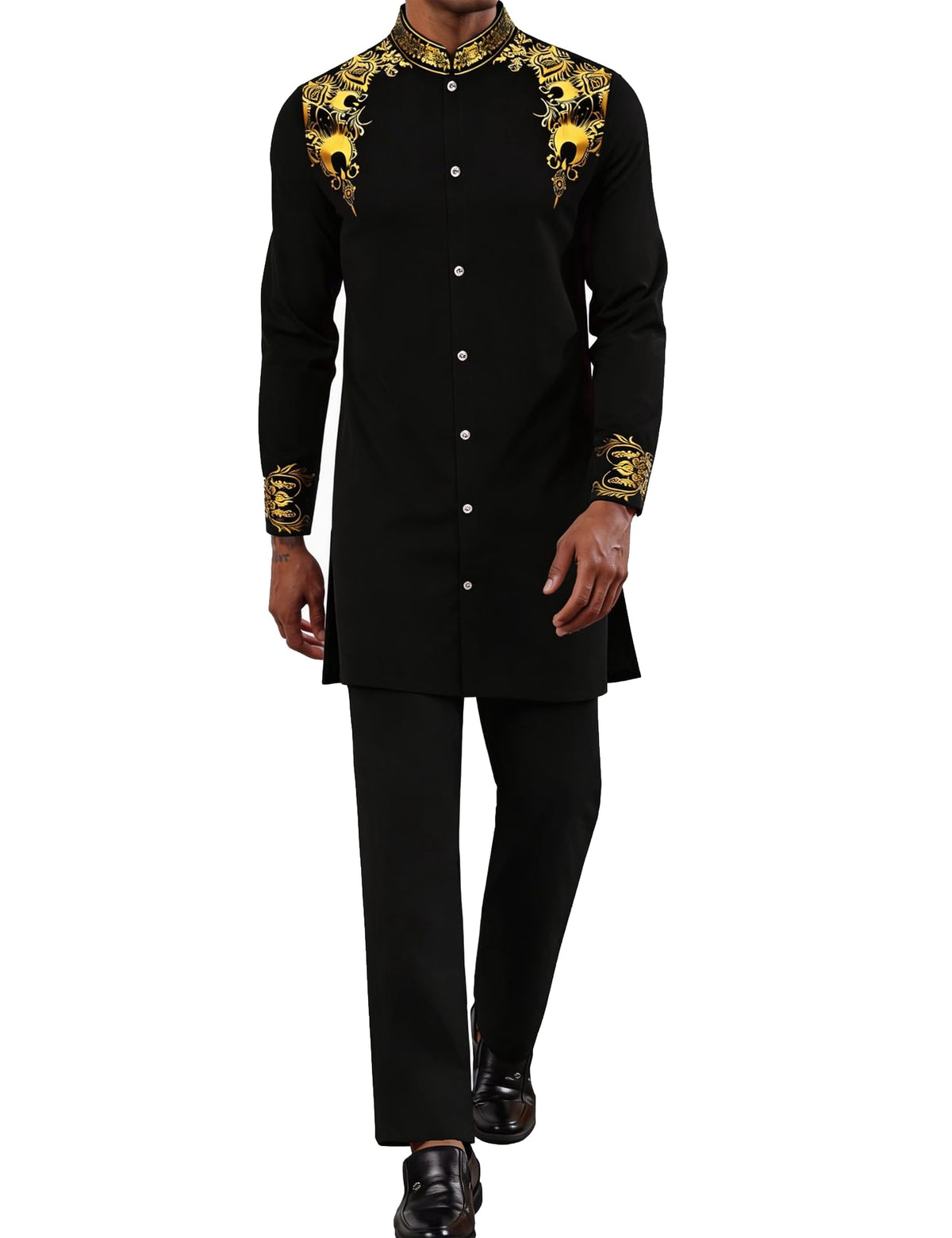 Mens African 2 Piece Set Nigerian Dashiki Metallic Traditional Suit Outfit