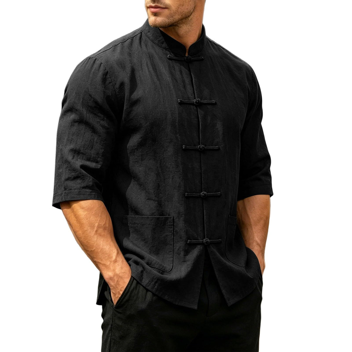 Mens Cotton Linen Kung Fu Shirt Traditional Chinese Tang Suit Vintage 3/4 Sleeve Frog Buttons Lightweight Jacket
