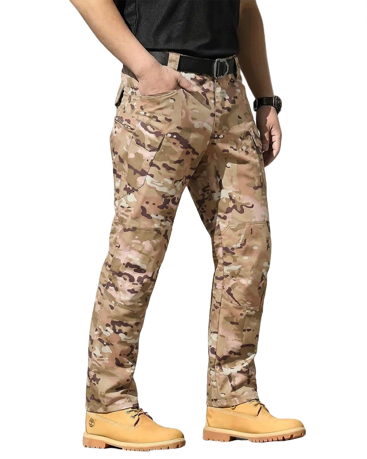 Men's Tactical Pants Stretch Waterproof Fabric Durable Cargo Pants for Hiking Casual Work Multi Pockets (No Belt)