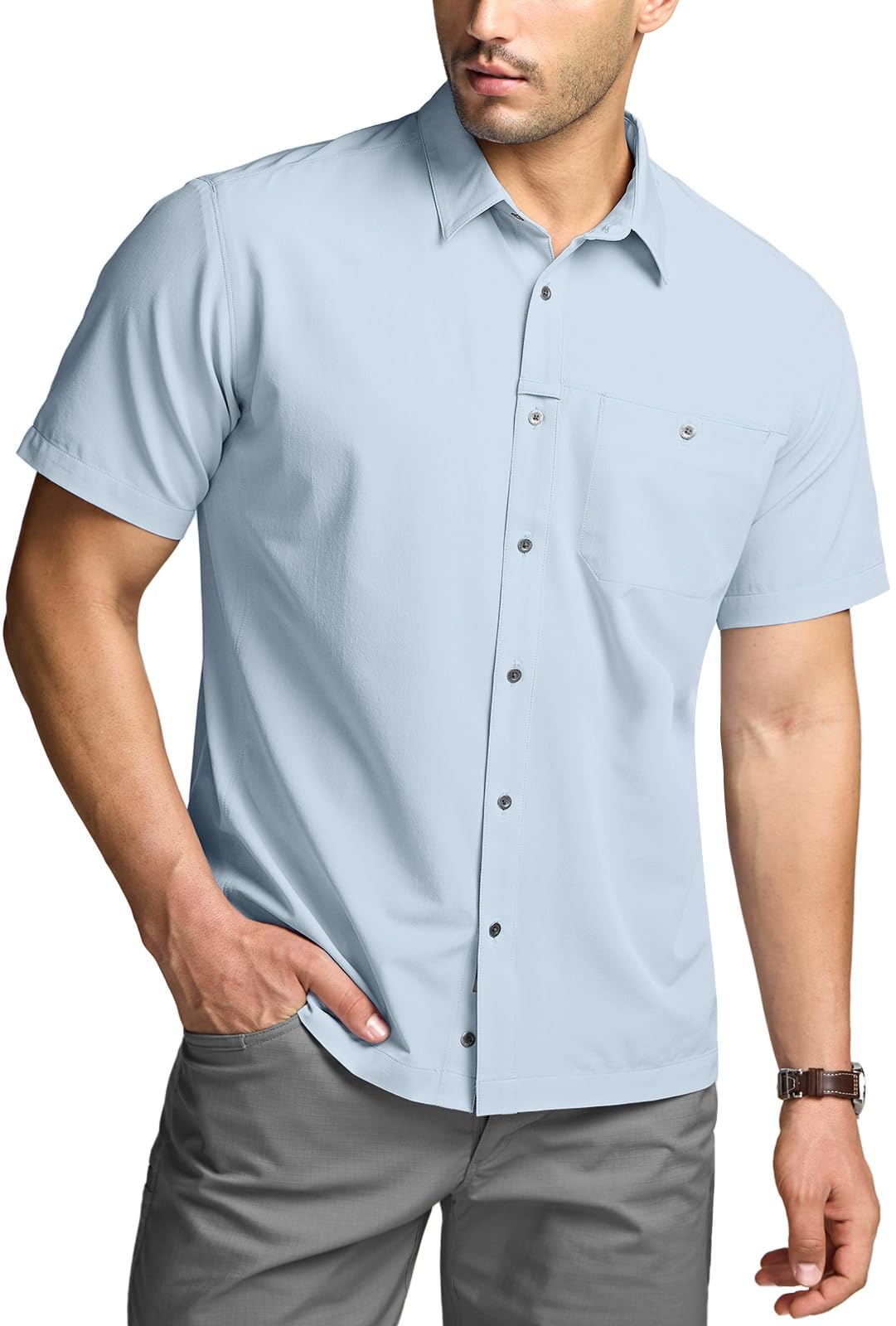 CQR Men's Short Sleeve Tactical Shirts, UPF 50+ Ripstop Military Work Shirts, Breathable Button Down Outdoor Hiking Shirt