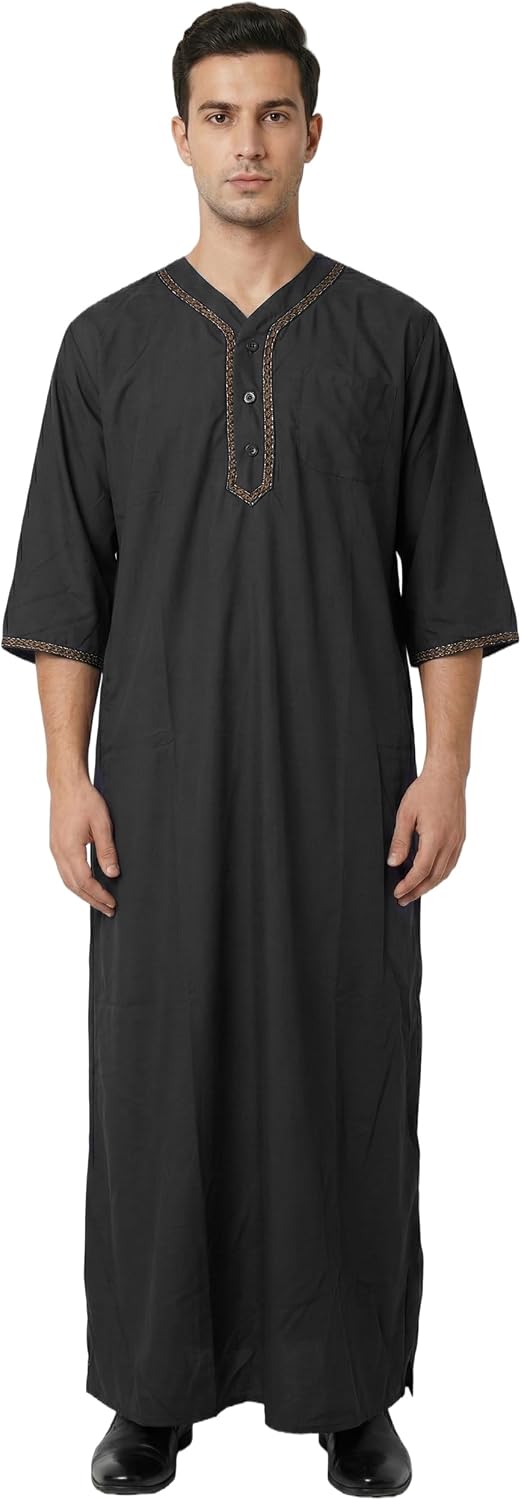 Mens Kaftan Thobe V-Neck Half Sleeve Muslim Robe Dubai Long Gown Saudi Arab Thobe Robes for Summer Beach