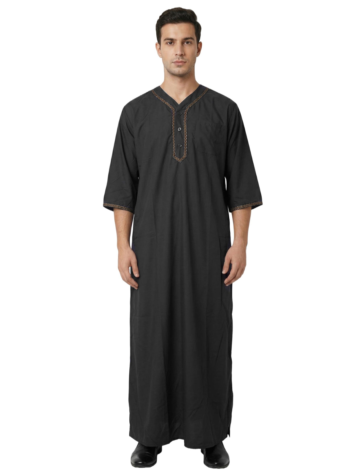 Mens Kaftan Thobe V-Neck Half Sleeve Muslim Robe Dubai Long Gown Saudi Arab Thobe Robes for Summer Beach
