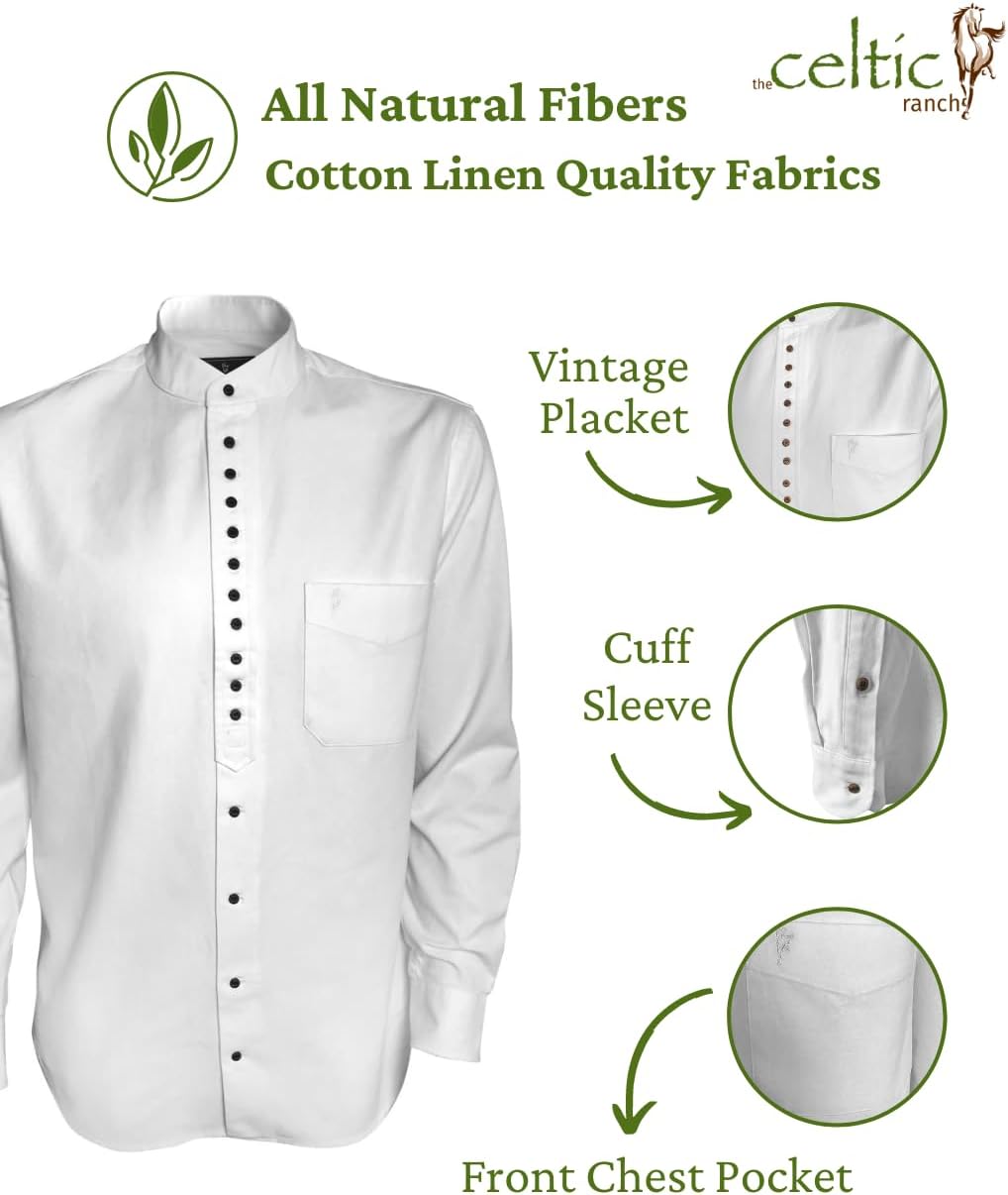 The Celtic Ranch Collarless Shirt for Men, Irish Grandfather Cotton-Linen