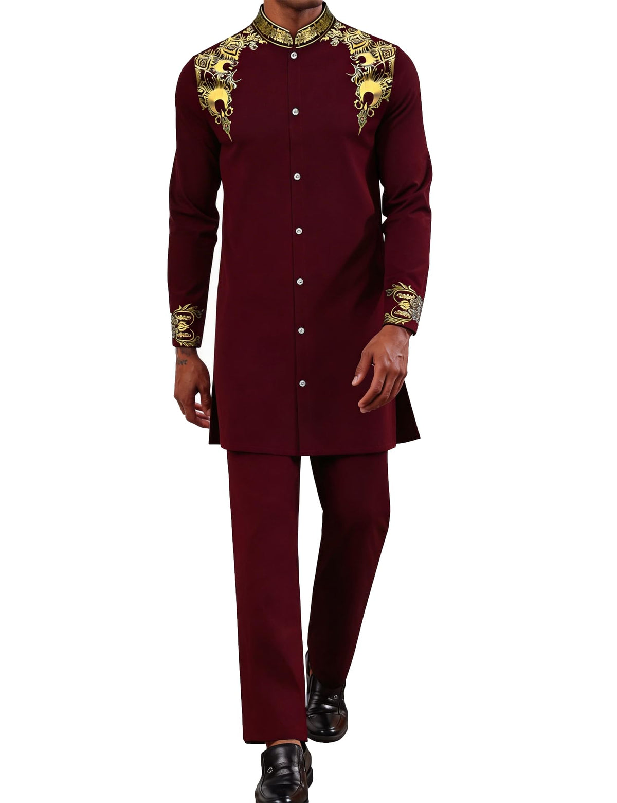 Mens African 2 Piece Set Nigerian Dashiki Metallic Traditional Suit Outfit
