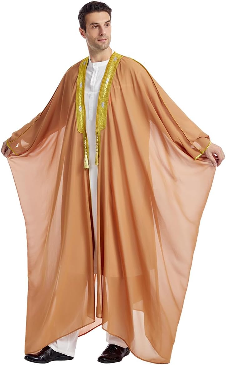 Muslim Thobe for Men Kaftan Robe Ramadan Abaya Prayer Dress Chiffon Open Front Embroidered Cardigan Islam Dubai Thobe Kimono