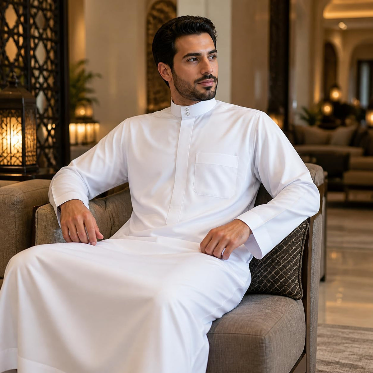 MCJC Men's White Muslim Thobe Long Sleeve Arab Kaftan Robe with Pocket