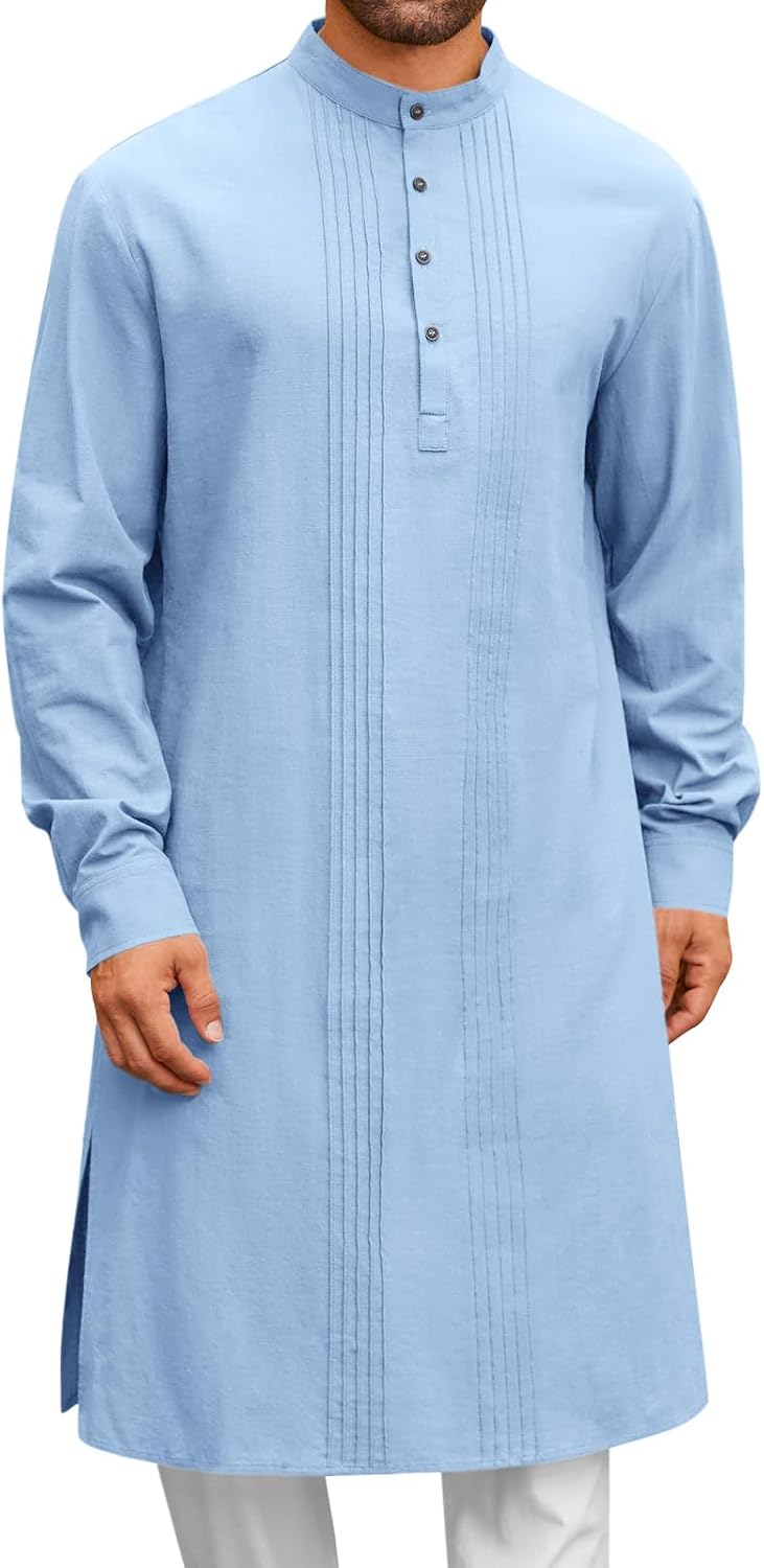 Runcati Mens Kaftan Robe Button Down Long Sleeve Cotton Linen kurta