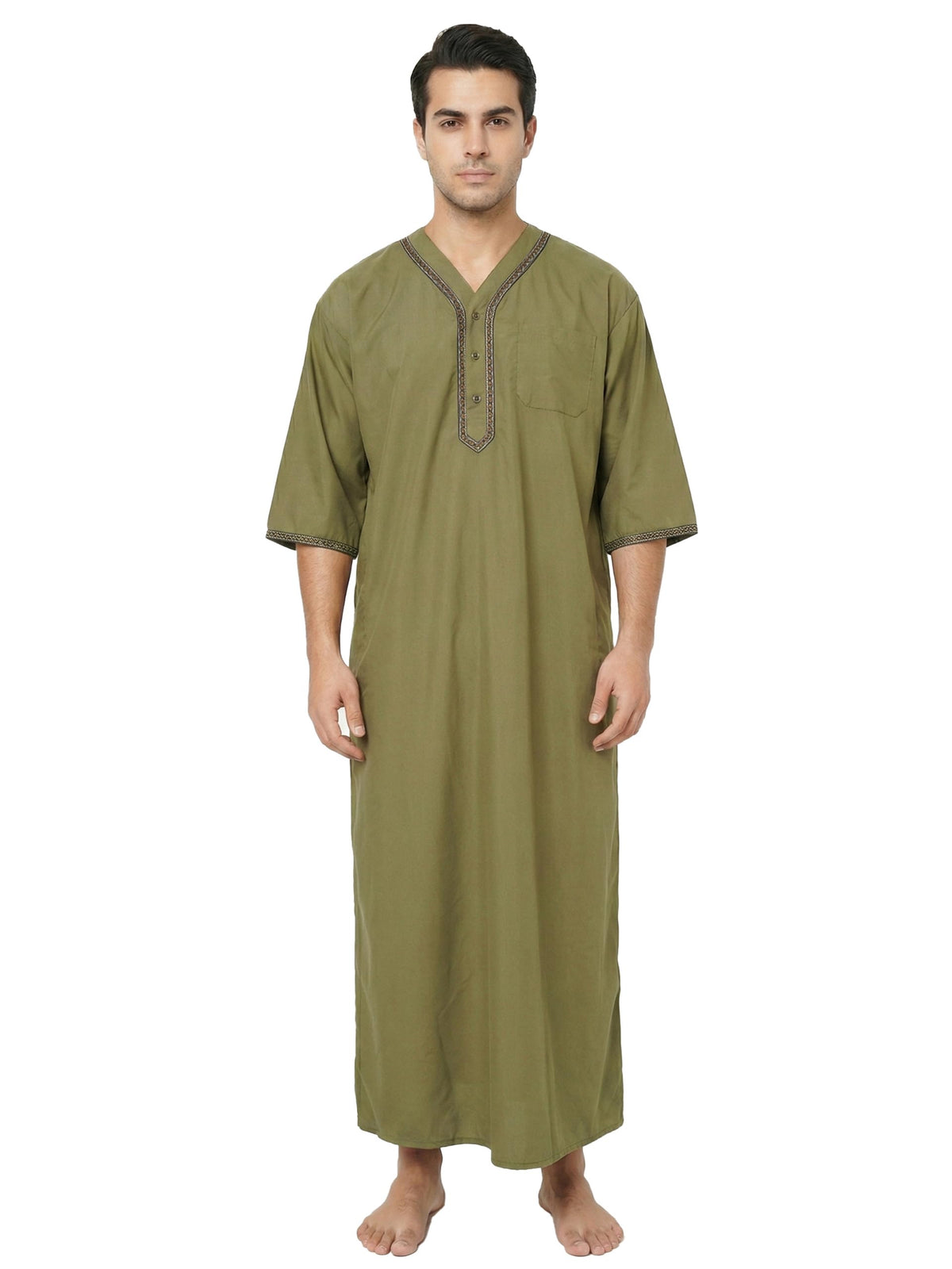 Mens Kaftan Thobe V-Neck Half Sleeve Muslim Robe Dubai Long Gown Saudi Arab Thobe Robes for Summer Beach