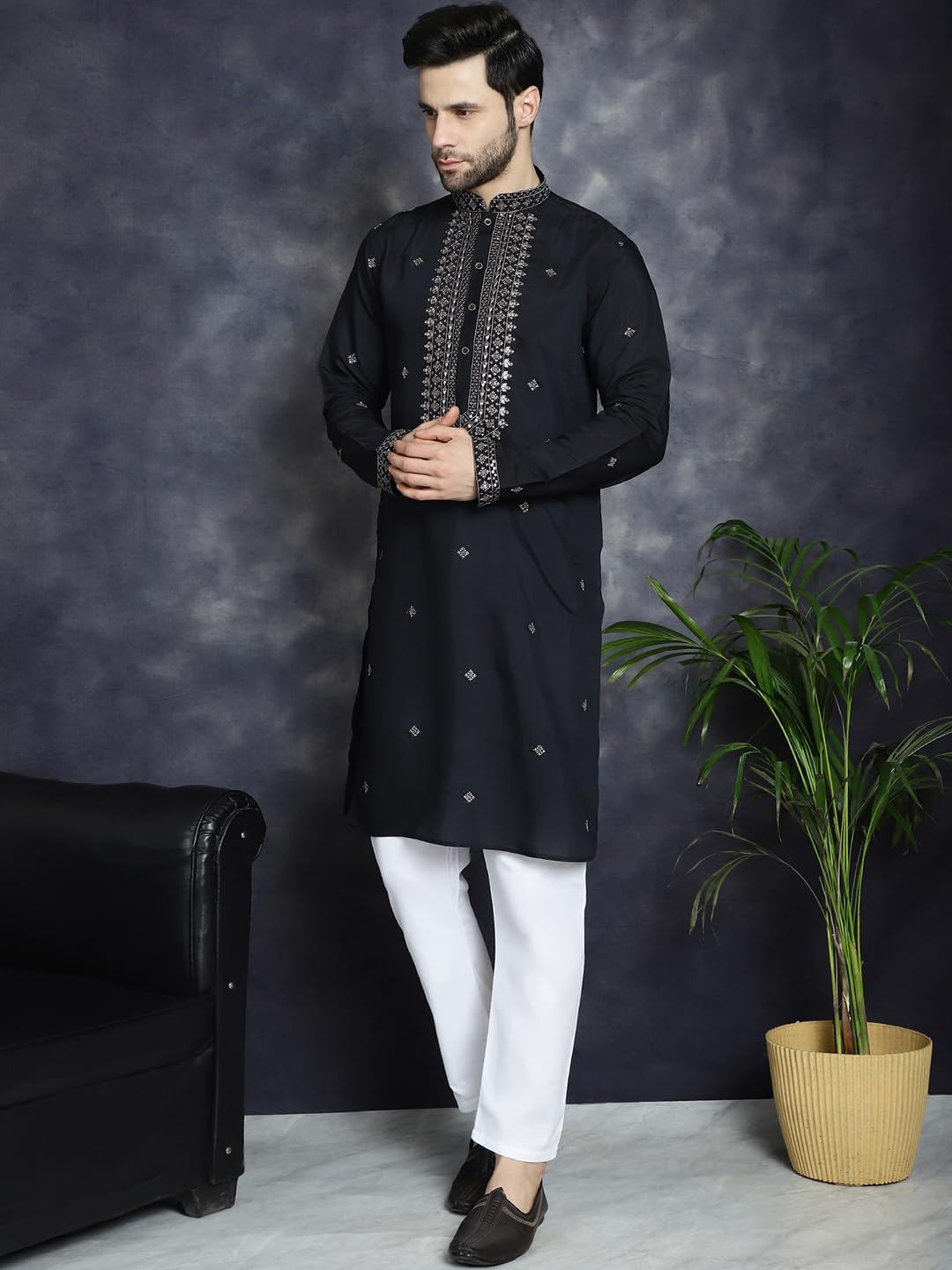 Maple Clothing Embroidered Kurta for Men Silk Blend Designer Neck Sequin Indian Wedding Ethnic Outfit