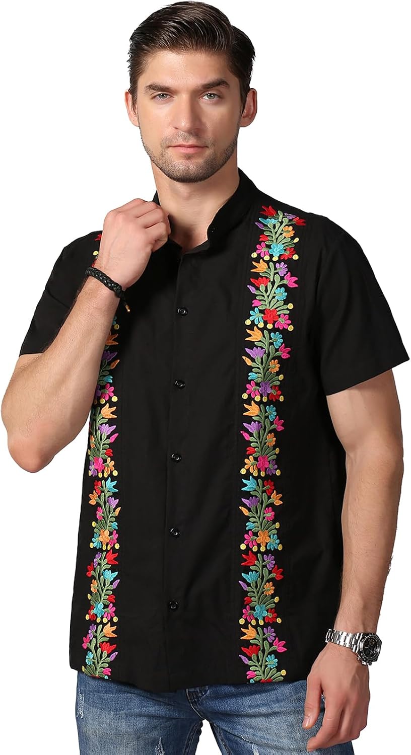 Mexican Shirts for Men Traditional Men's Guayabera Dress Shirts Mens Button Up Band Collar Dress Shirt Fiesta