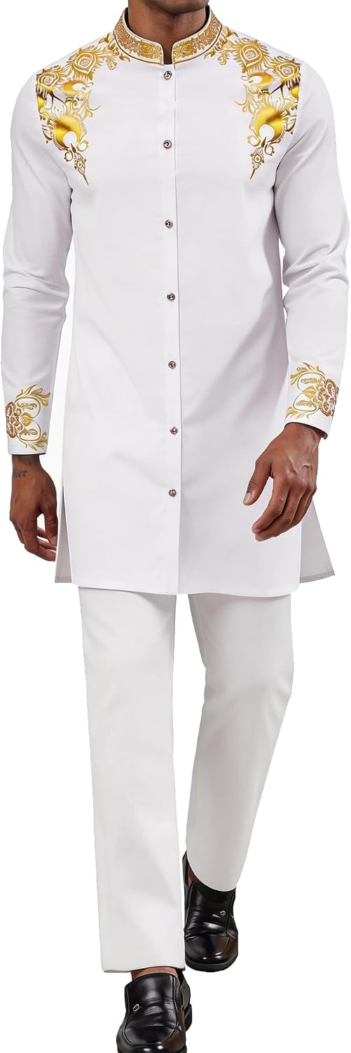 Mens African 2 Piece Set Nigerian Dashiki Metallic Traditional Suit Outfit
