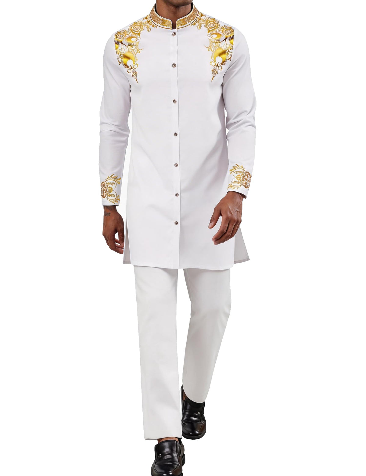 Mens African 2 Piece Set Nigerian Dashiki Metallic Traditional Suit Outfit