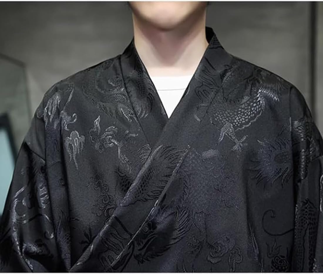 HZCX FASHION Cardigan Kimono for Men Black Silk Satin Robe Mens Lightweight Traditional Hanfu Silky Chinese Dragon Shirt