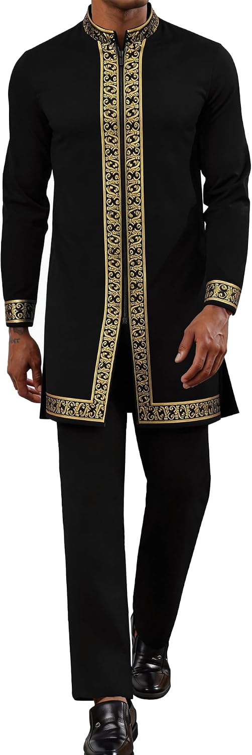 Mens African 2 Piece Set Nigerian Dashiki Shirt and Pants Outfit Gold Metallic Traditional Suit for Wedding Party Vacation