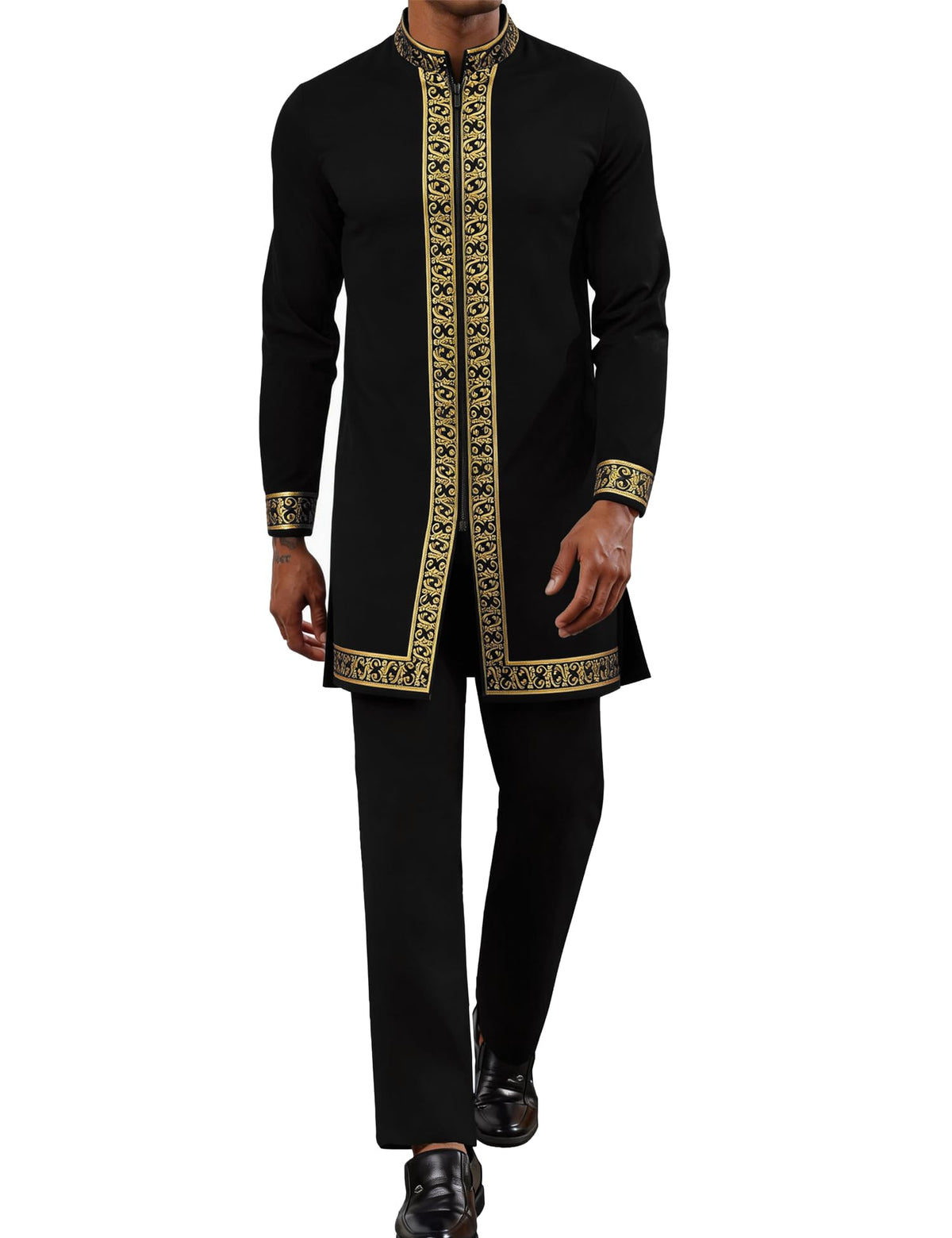 Mens African 2 Piece Set Nigerian Dashiki Shirt and Pants Outfit Gold Metallic Traditional Suit for Wedding Party Vacation
