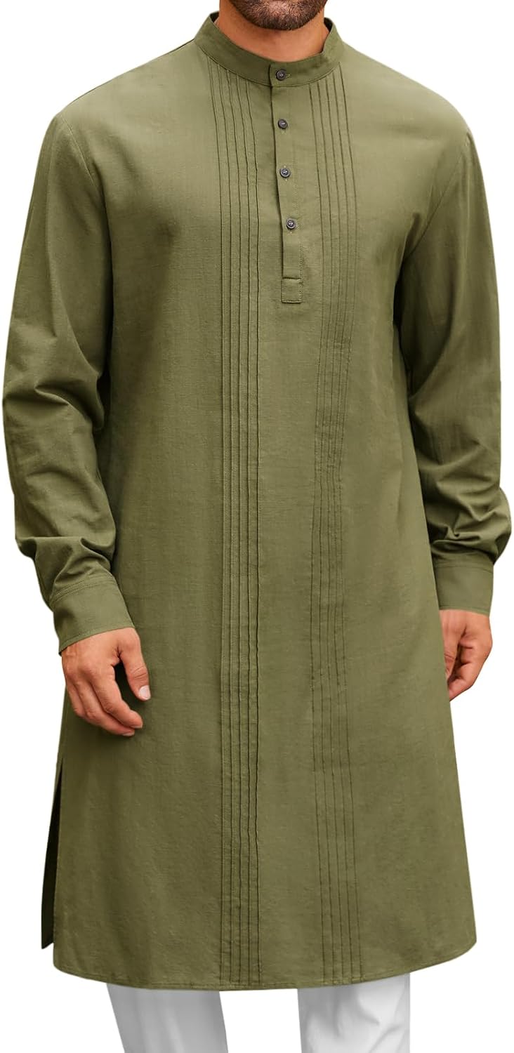 Runcati Mens Kaftan Robe Button Down Long Sleeve Cotton Linen kurta
