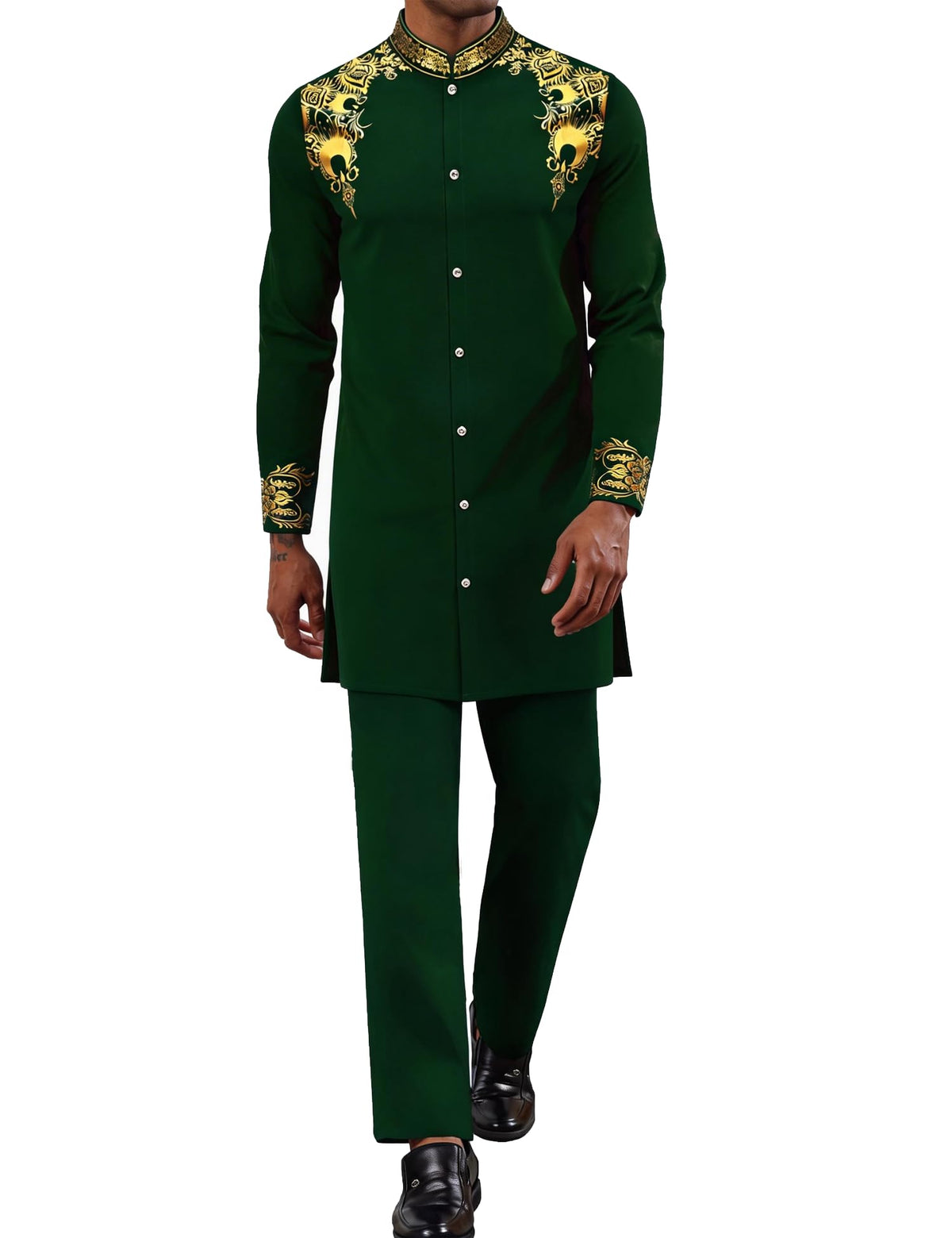 Mens African 2 Piece Set Nigerian Dashiki Metallic Traditional Suit Outfit