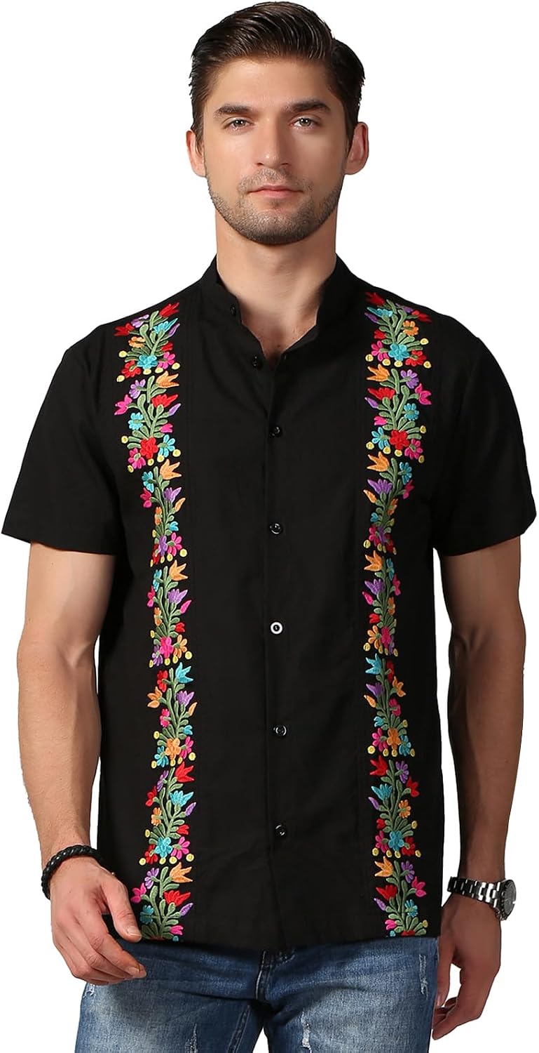 Mexican Shirts for Men Traditional Men's Guayabera Dress Shirts Mens Button Up Band Collar Dress Shirt Fiesta