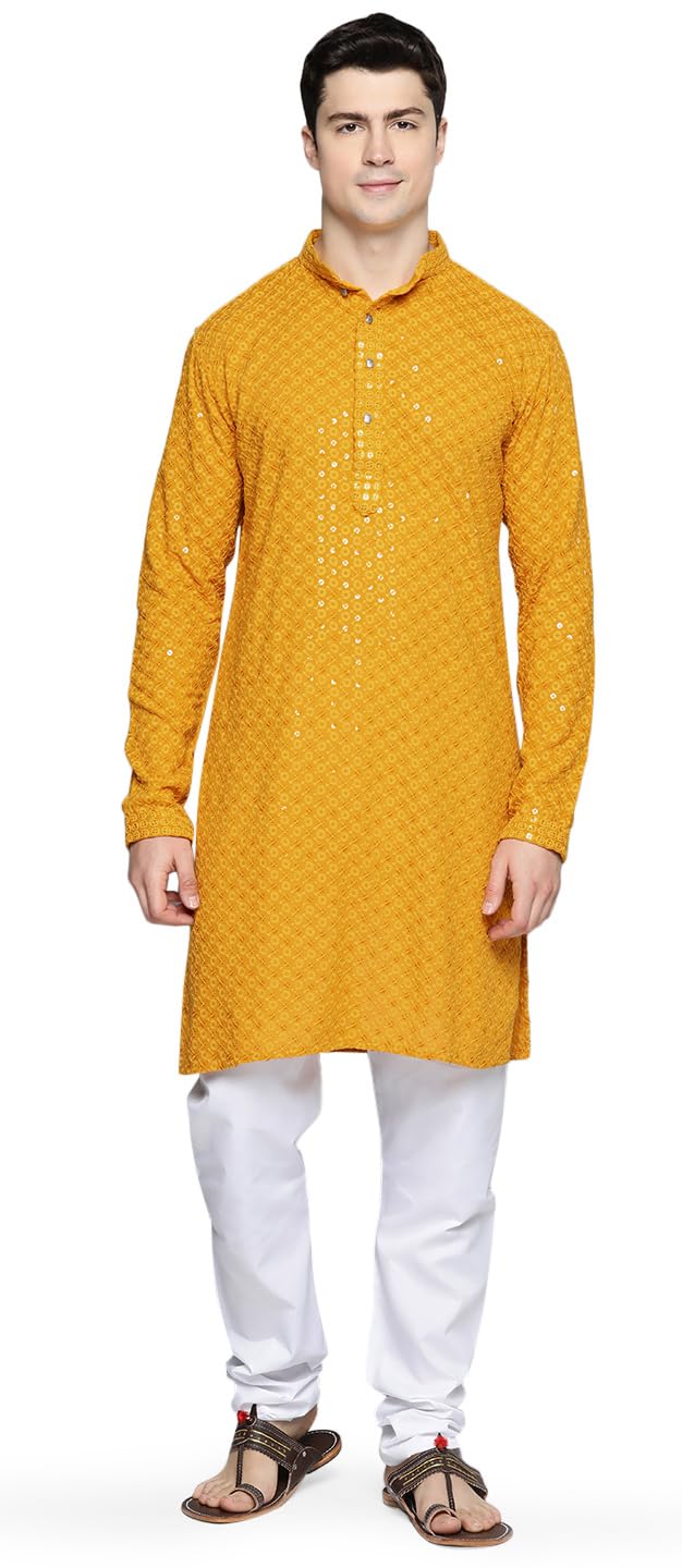 Maple Clothing Sequined Indian Cotton Men's Kurta Pajama Chikankari Embroidered Wedding Guest Outfit