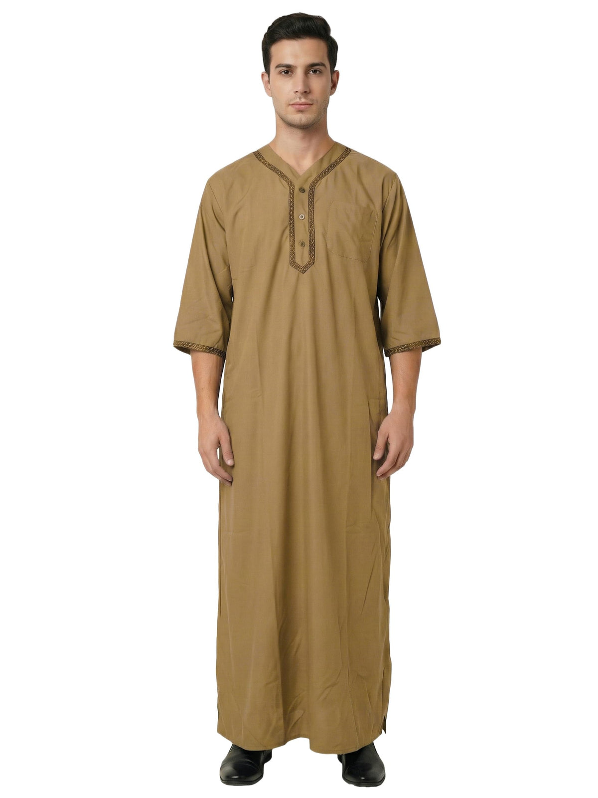 Mens Kaftan Thobe V-Neck Half Sleeve Muslim Robe Dubai Long Gown Saudi Arab Thobe Robes for Summer Beach
