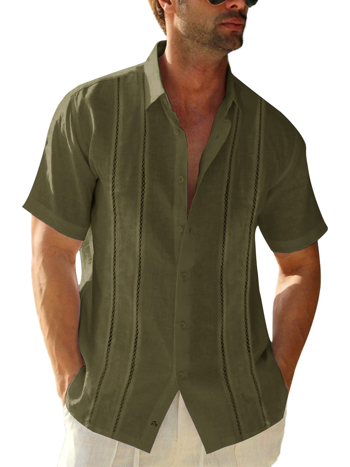 Runcati Mens Short Sleeve Guayabera Shirts Linen Button Down Cuban Shirt