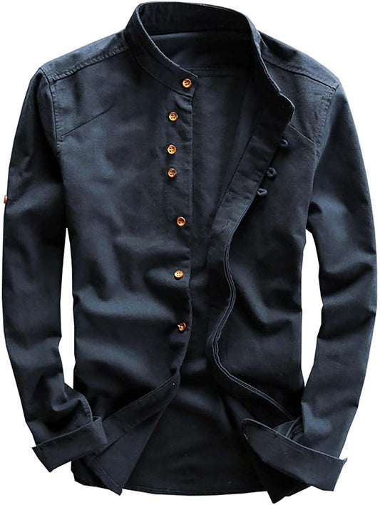 JOFOW Men's Long Sleeve Shirts Soulona Katana Vintage Soft Linen Japan Style Button Down Shirts